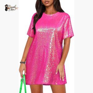 Sequin Shift Mini Dress, Short Sleeve, Backless, Pull On, Regular Fit